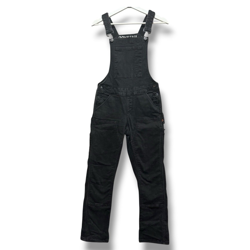 Dovetail Workwear Freshley Overalls Women Size 0 Black Canvas Straight Leg Logo